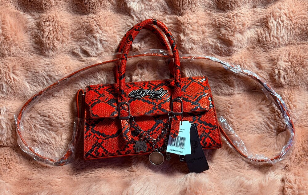 Ed Hardy Red Snake Print Crossbody Bag with Removable Strap and Metal Charms